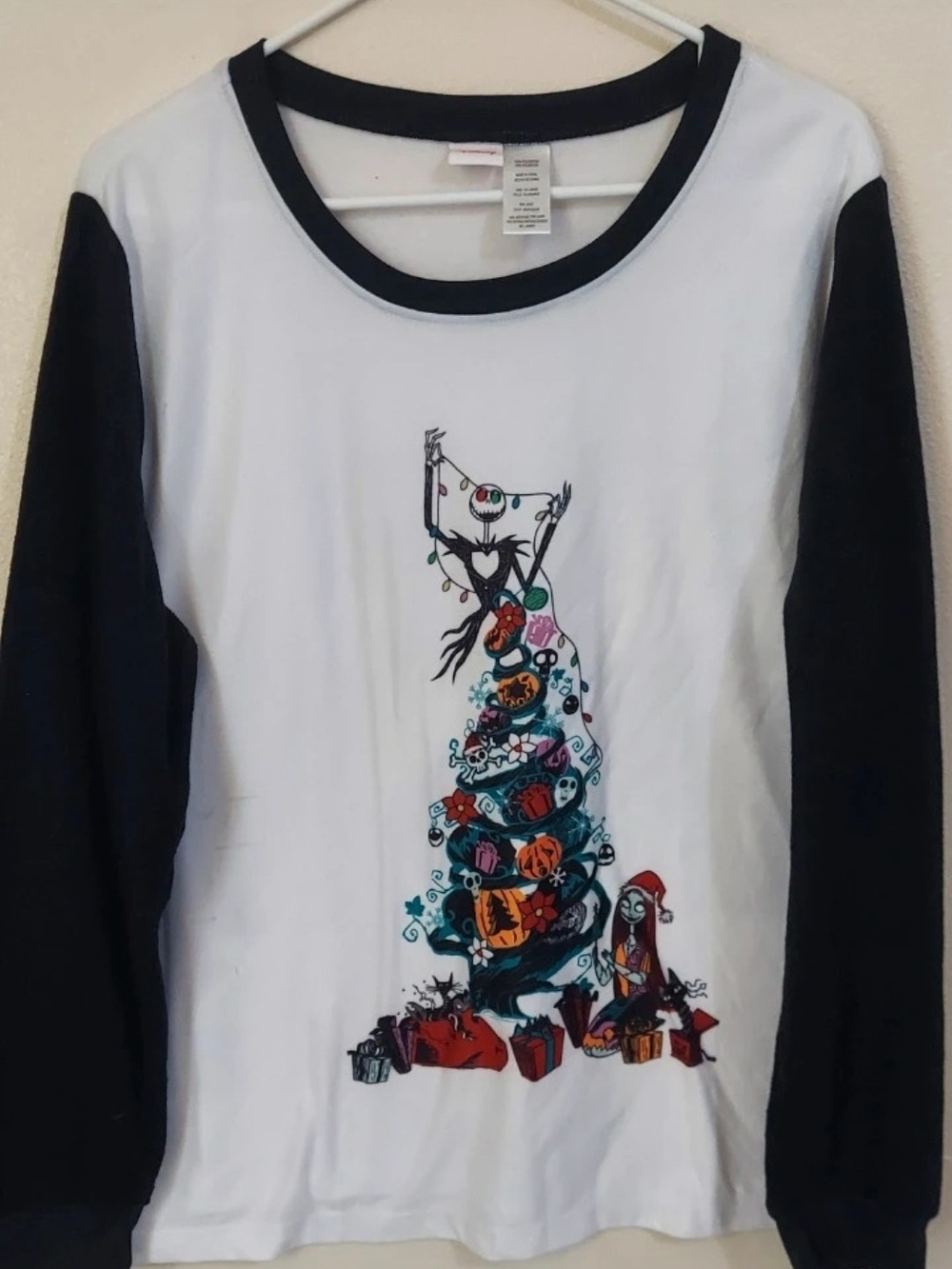 Disney Women's White and Black Long Sleeve Tee with Colorful Holiday Graphic